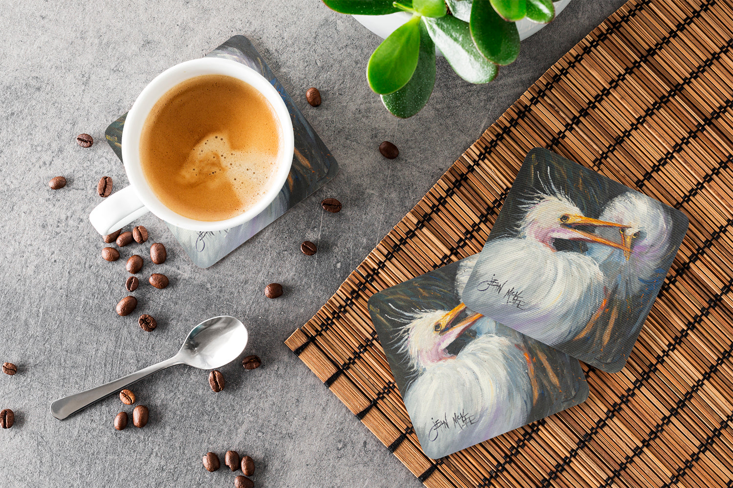 White Egret Foam Coasters Set of 4 Cup Coasters for Indoor Outdoor, Tabletop Protection, Anti Slip, Mouse pad Material
