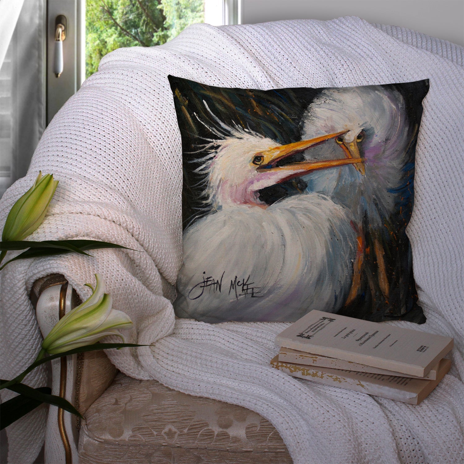 White Egret Decorative Throw Pillow 14x14 Indoor Outdoor Accent Cushion, Fabric Cover with Insert for Sofa, Bed, Porch & Living Room
