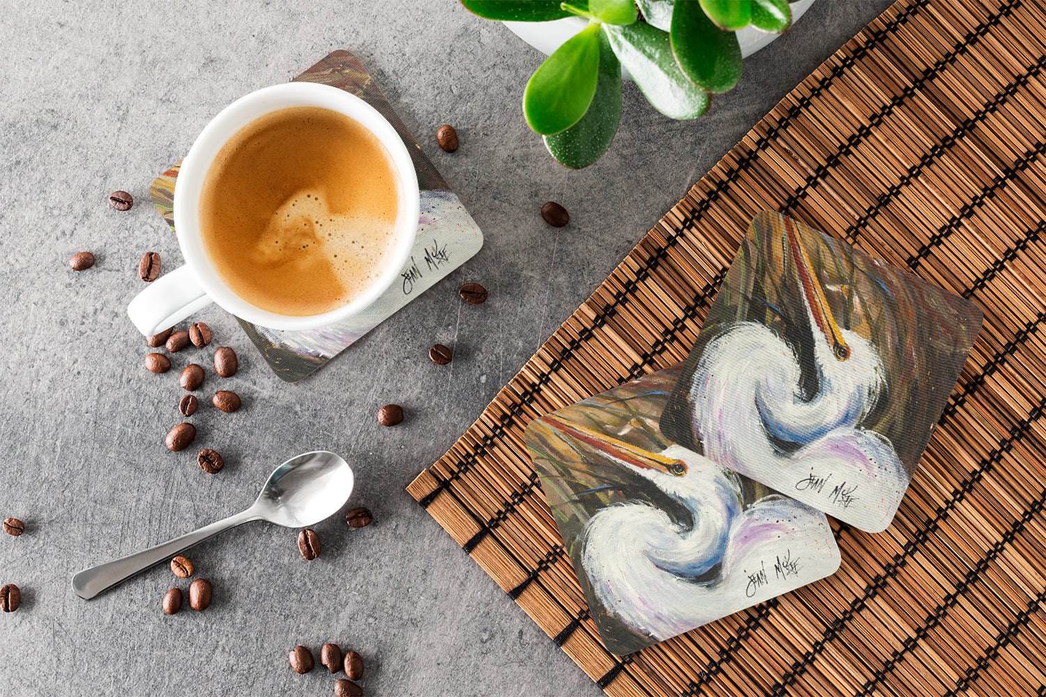 White Egret Foam Coasters Set of 4 Cup Coasters for Indoor Outdoor, Tabletop Protection, Anti Slip, Mouse pad Material