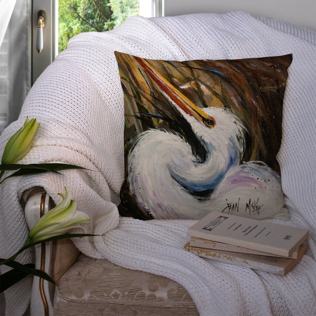 White Egret Decorative Throw Pillow 14x14 Indoor Outdoor Accent Cushion, Fabric Cover with Insert for Sofa, Bed, Porch & Living Room