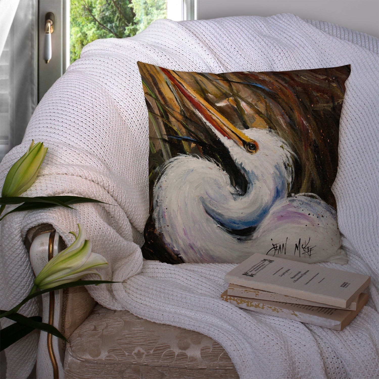 White Egret Decorative Throw Pillow 14x14 Indoor Outdoor Accent Cushion, Fabric Cover with Insert for Sofa, Bed, Porch & Living Room