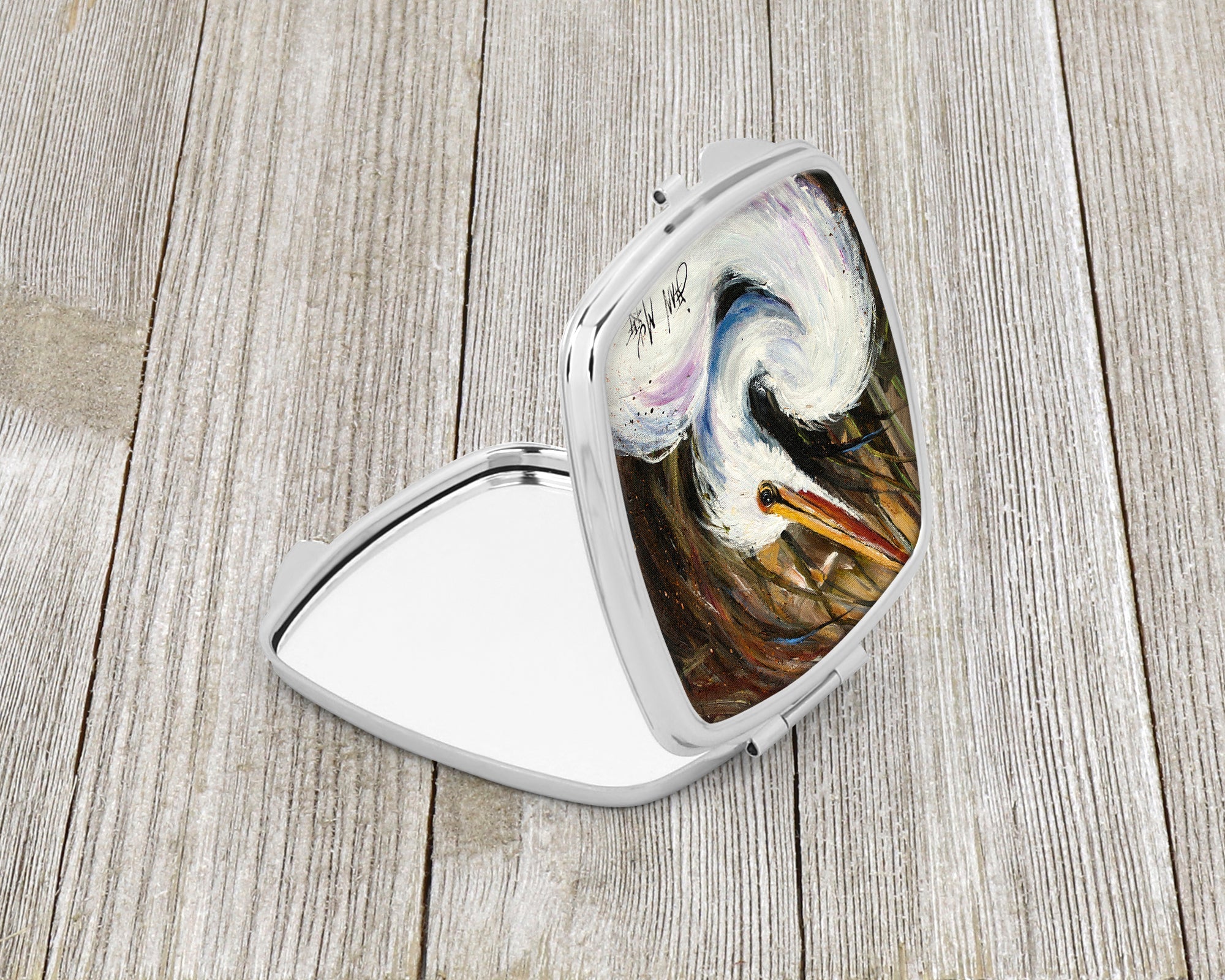 White Egret Compact Mirror Decorative Travel Makeup Mirror for Women Girls Gifts Pocket Makeup Mirror Folding Handheld