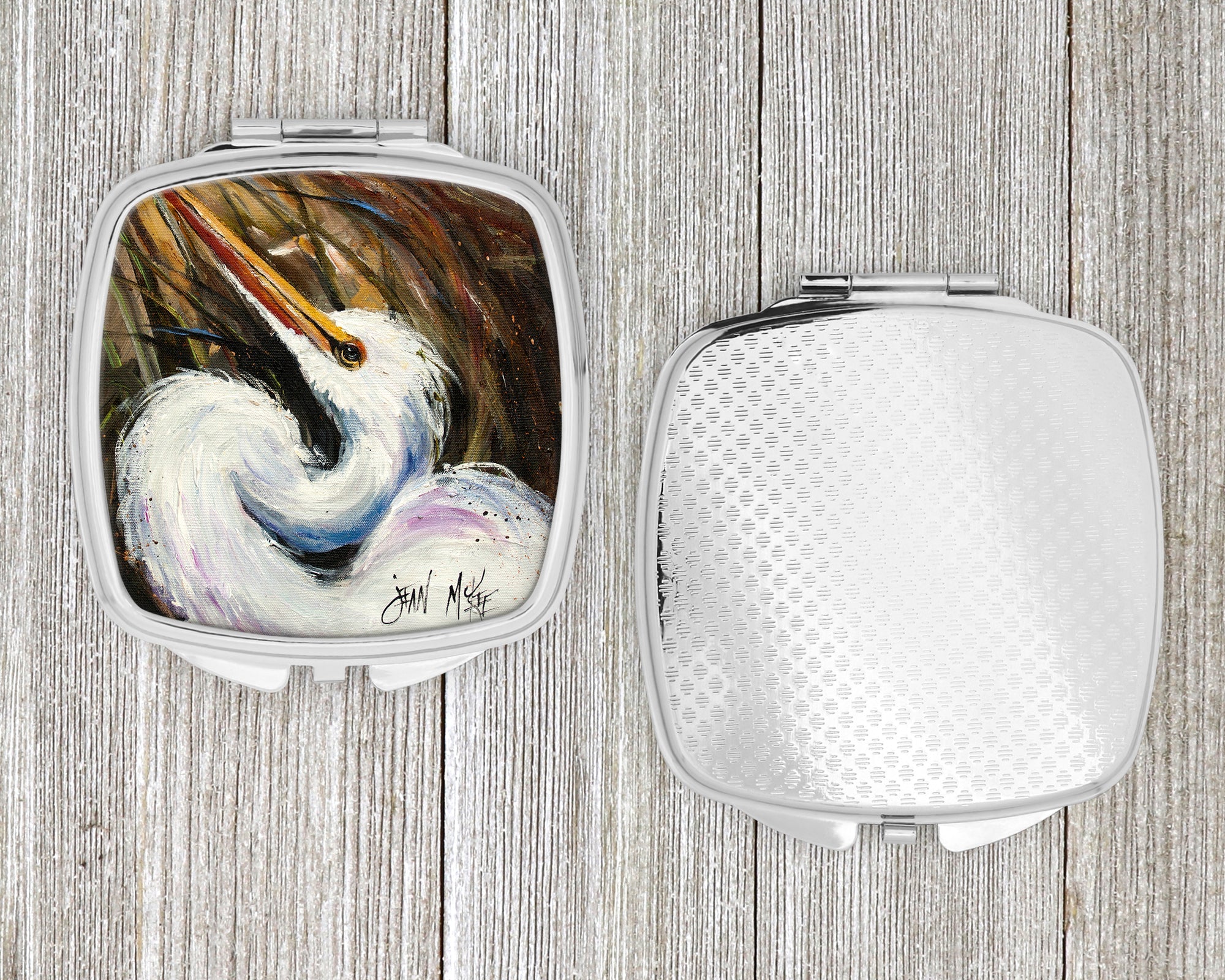 White Egret Compact Mirror Decorative Travel Makeup Mirror for Women Girls Gifts Pocket Makeup Mirror Folding Handheld