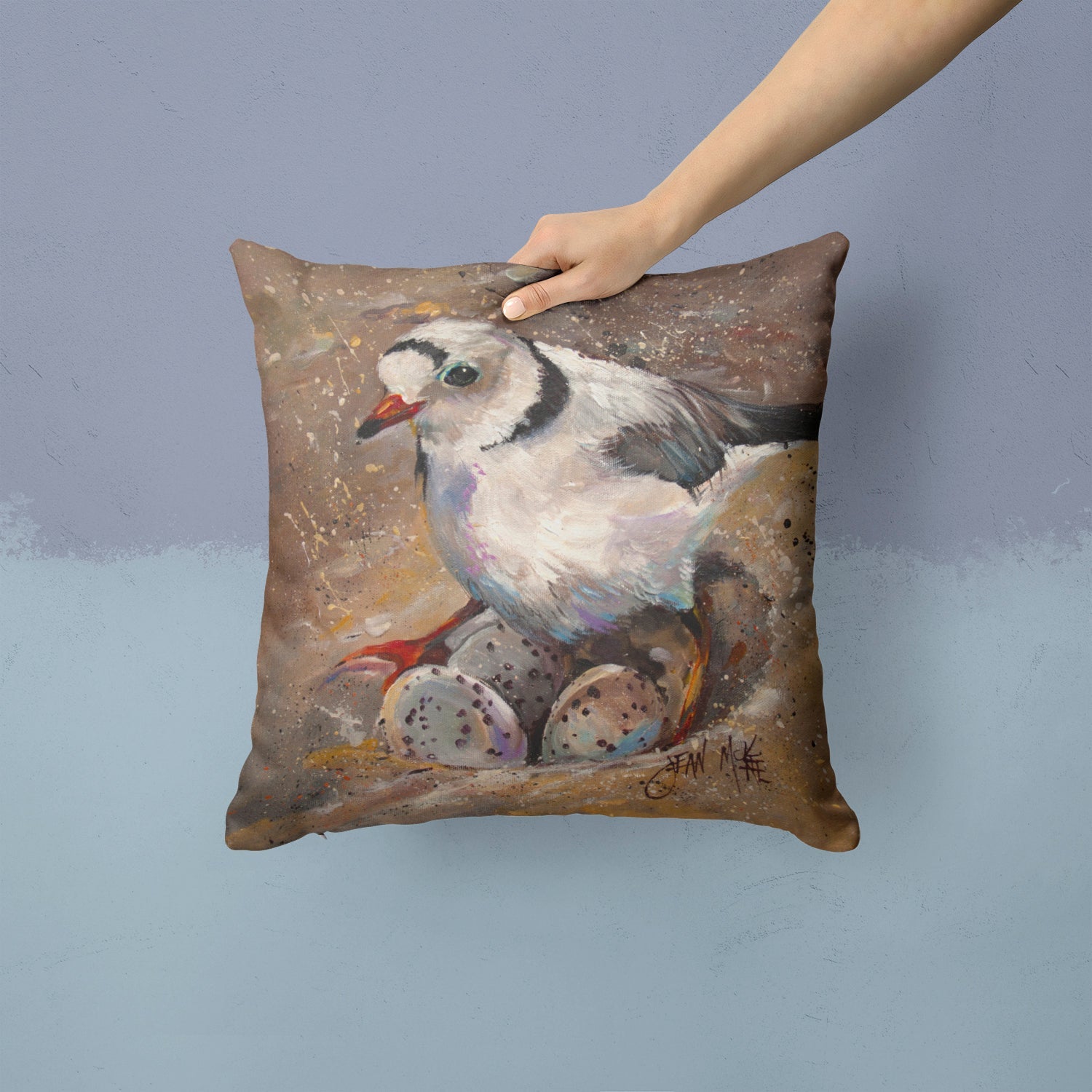 Piping Plover Decorative Throw Pillow 14x14 Indoor Outdoor Accent Cushion, Fabric Cover with Insert for Sofa, Bed, Porch & Living Room