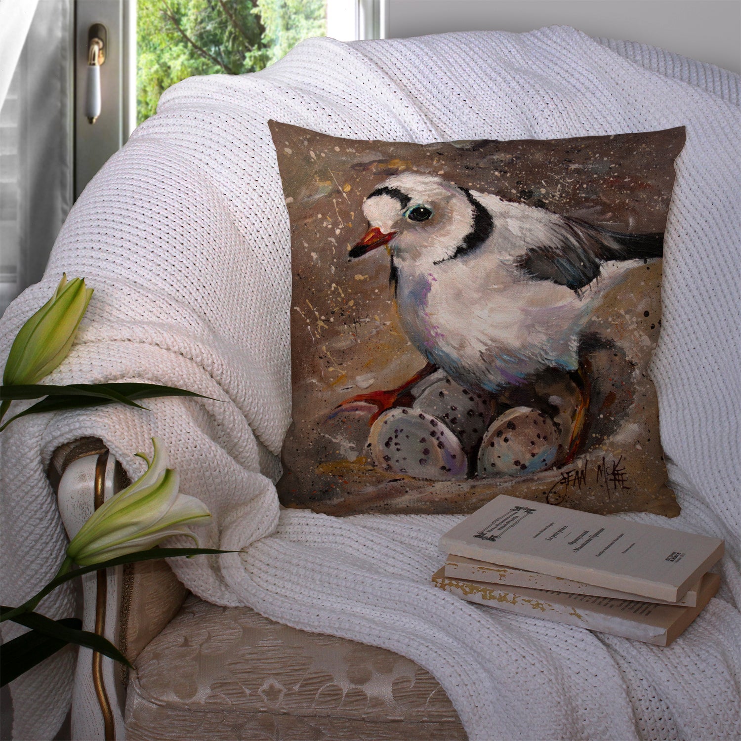Piping Plover Decorative Throw Pillow 14x14 Indoor Outdoor Accent Cushion, Fabric Cover with Insert for Sofa, Bed, Porch & Living Room