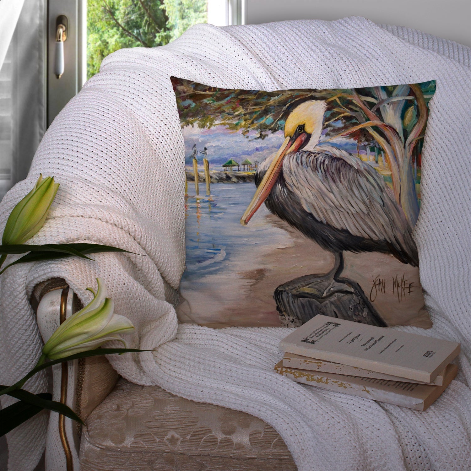 Pelican Bay Decorative Throw Pillow 14x14 Indoor Outdoor Accent Cushion, Fabric Cover with Insert for Sofa, Bed, Porch & Living Room