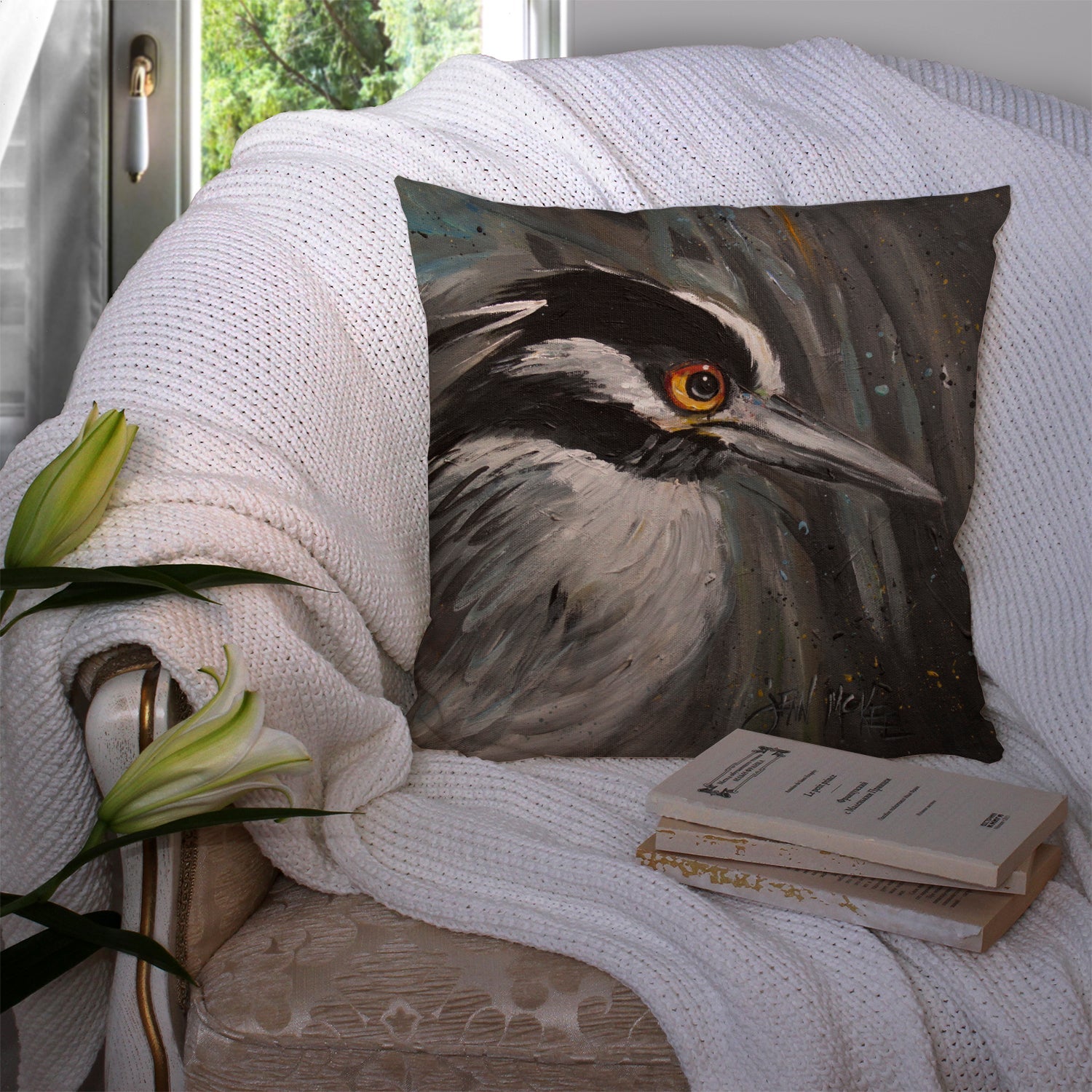 Night Heron Decorative Throw Pillow 14x14 Indoor Outdoor Accent Cushion, Fabric Cover with Insert for Sofa, Bed, Porch & Living Room