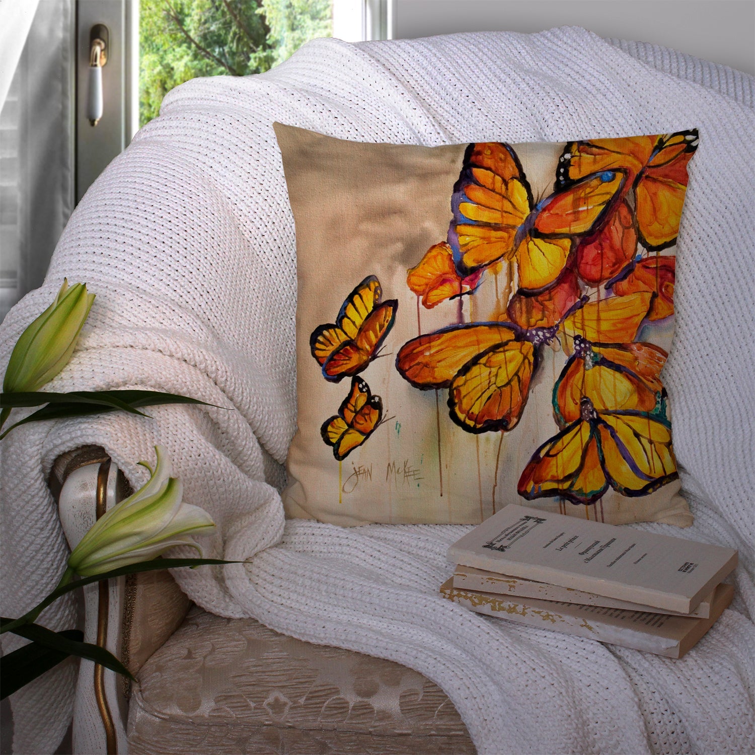 Butterflies Decorative Throw Pillow 14x14 Indoor Outdoor Accent Cushion, Fabric Cover with Insert for Sofa, Bed, Porch & Living Room