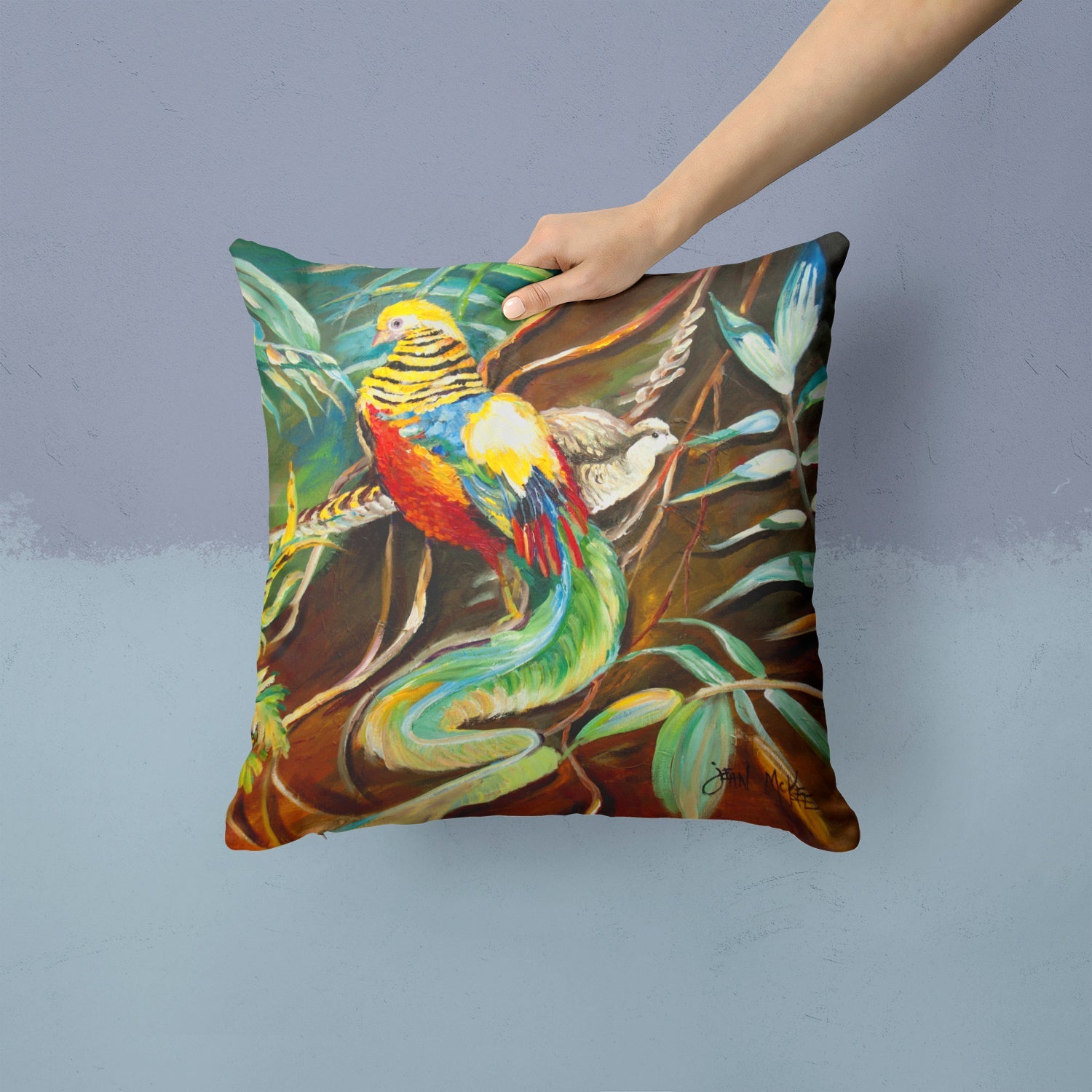 Mandarin Pheasant Decorative Throw Pillow 14x14 Indoor Outdoor Accent Cushion, Fabric Cover with Insert for Sofa, Bed, Porch & Living Room