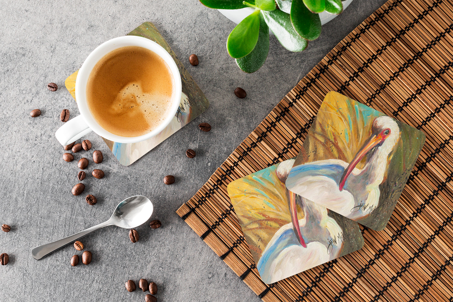 White Ibis Foam Coasters Set of 4 Cup Coasters for Indoor Outdoor, Tabletop Protection, Anti Slip, Mouse pad Material