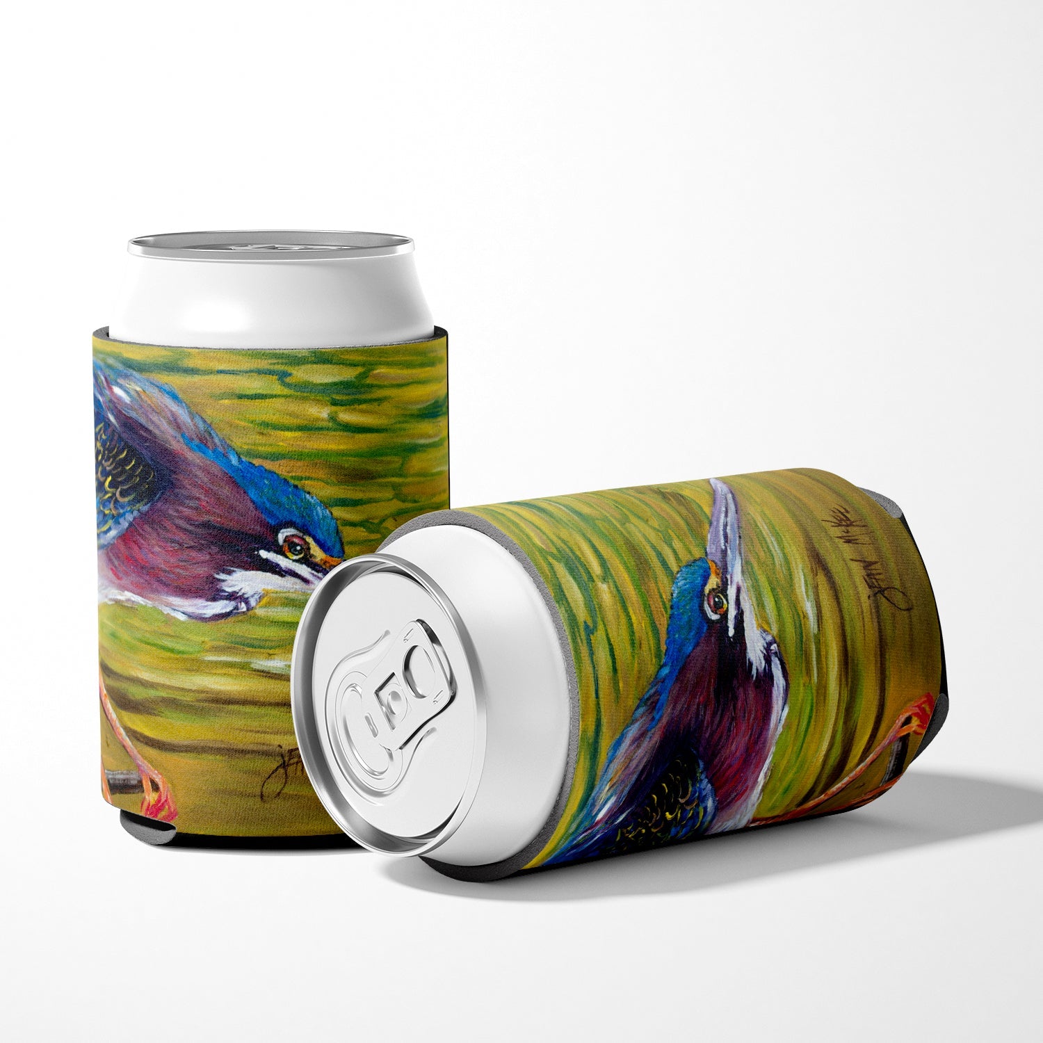 Green Heron Can or Bottle Hugger Cooler Sleeve for Standard 12 oz Cans, Insulated Foam Beer & Soda Can Hugger Reusable