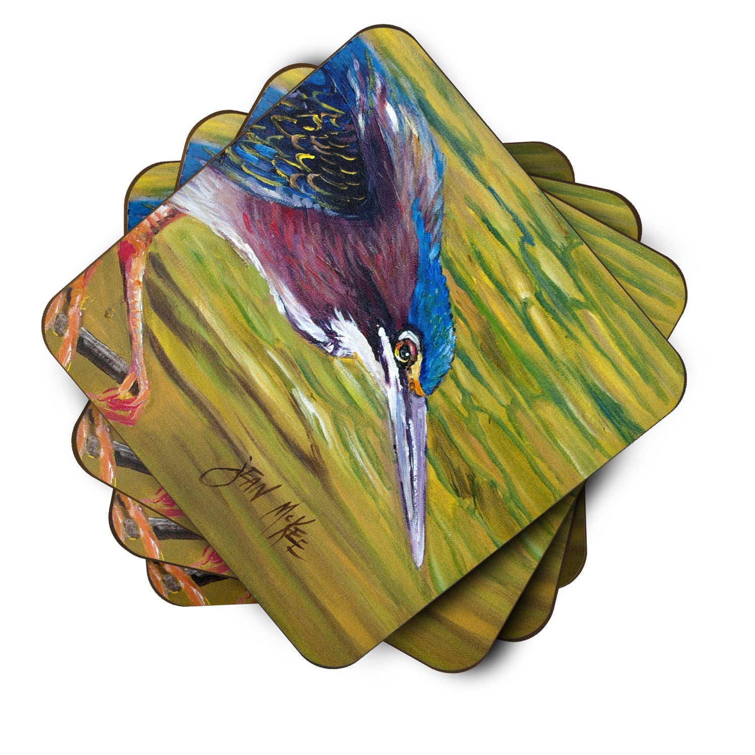 Green Heron Foam Coasters Set of 4 Cup Coasters for Indoor Outdoor, Tabletop Protection, Anti Slip, Mouse pad Material