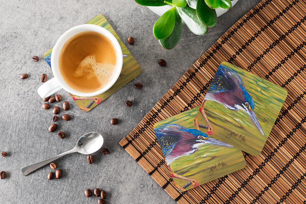Green Heron Foam Coasters Set of 4 Cup Coasters for Indoor Outdoor, Tabletop Protection, Anti Slip, Mouse pad Material
