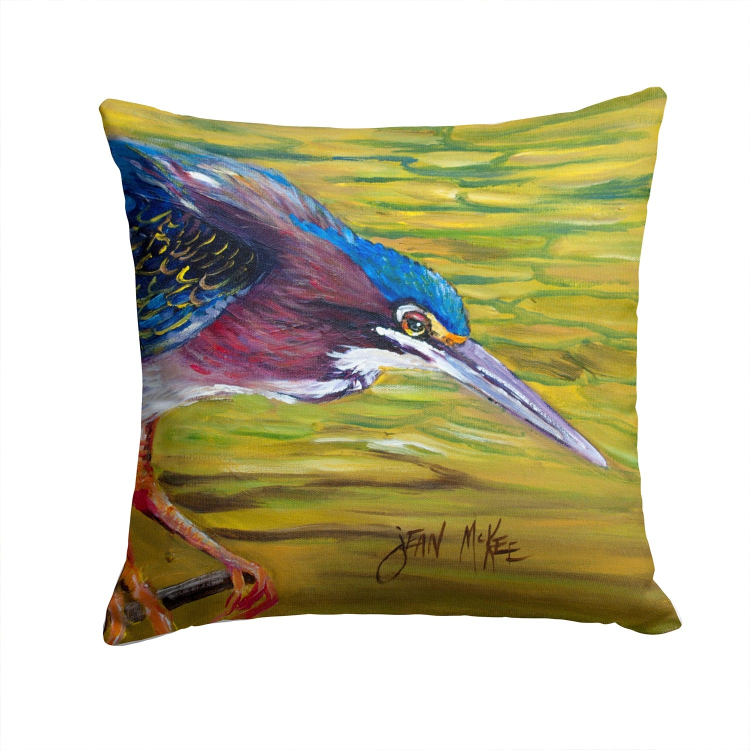 Green Heron Decorative Throw Pillow 14x14 Indoor Outdoor Accent Cushion, Fabric Cover with Insert for Sofa, Bed, Porch & Living Room