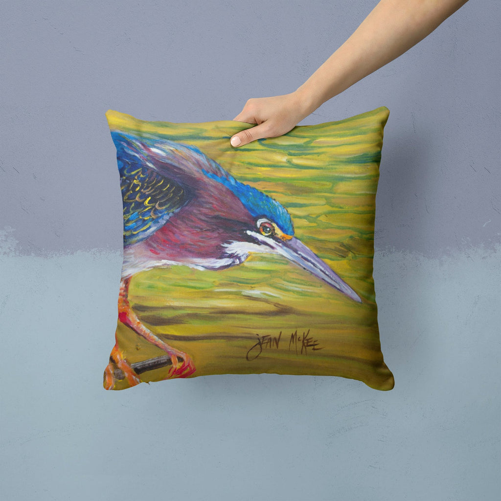 Green Heron Decorative Throw Pillow 14x14 Indoor Outdoor Accent Cushion, Fabric Cover with Insert for Sofa, Bed, Porch & Living Room