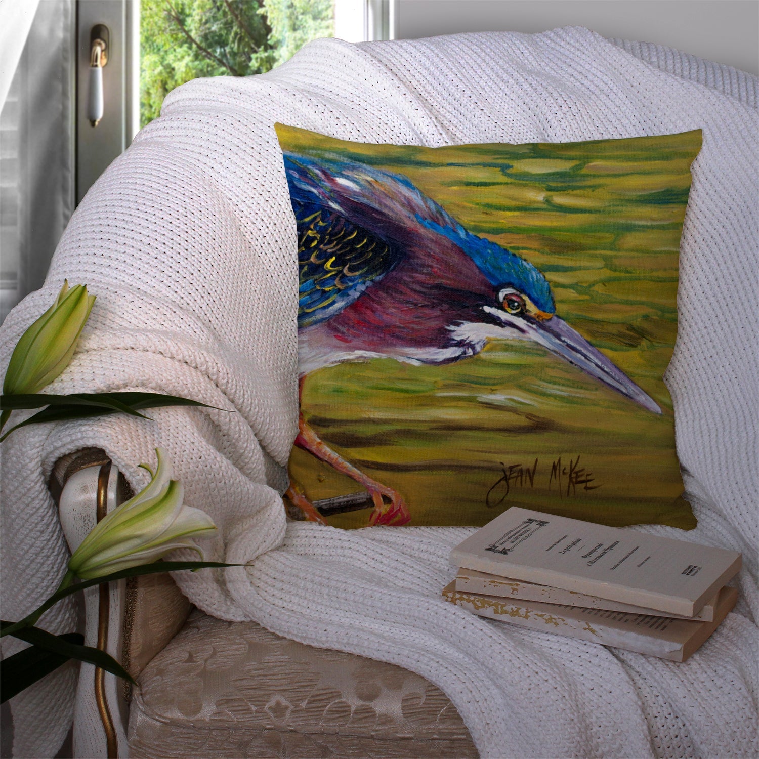 Green Heron Decorative Throw Pillow 14x14 Indoor Outdoor Accent Cushion, Fabric Cover with Insert for Sofa, Bed, Porch & Living Room