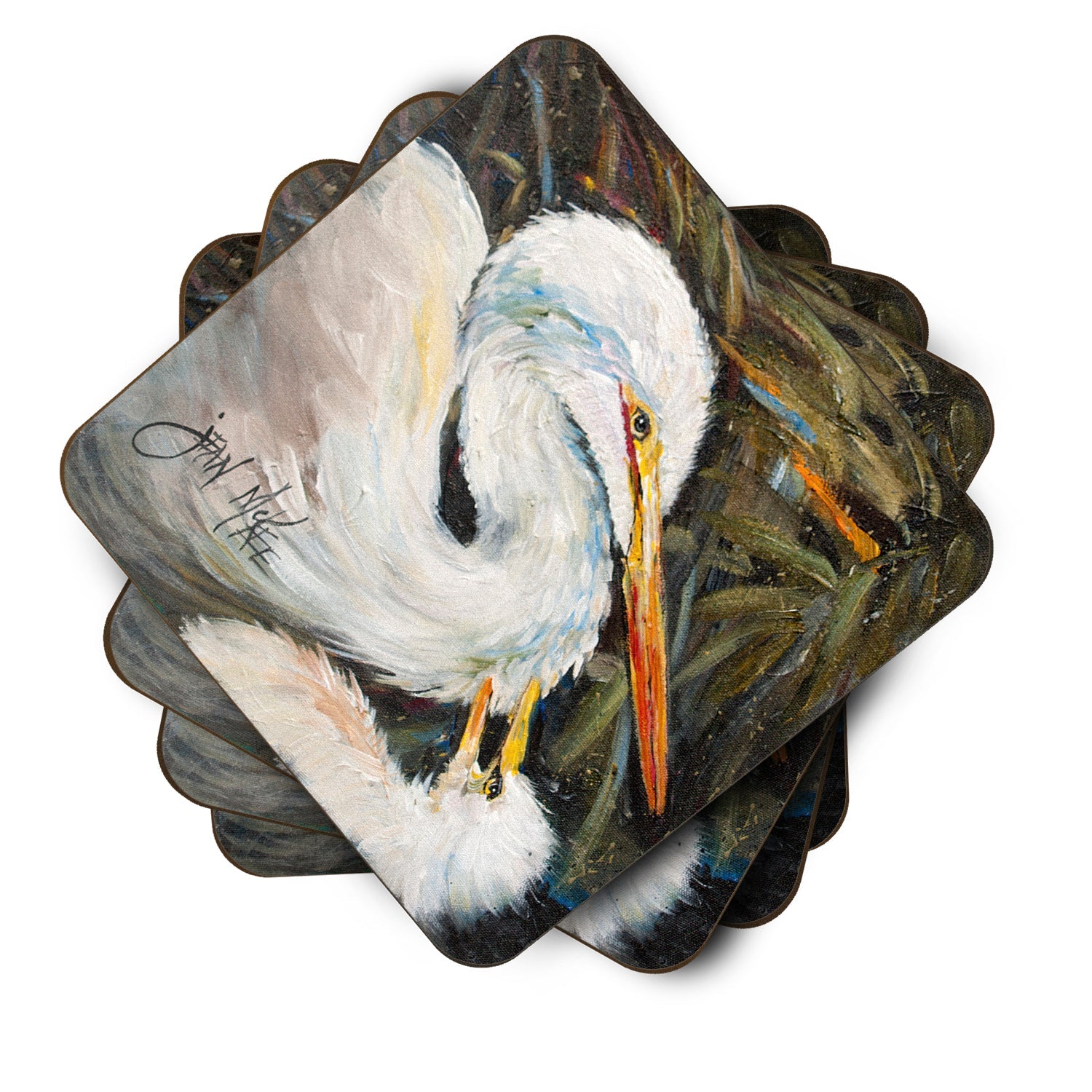 White Egret Foam Coasters Set of 4 Cup Coasters for Indoor Outdoor, Tabletop Protection, Anti Slip, Mouse pad Material