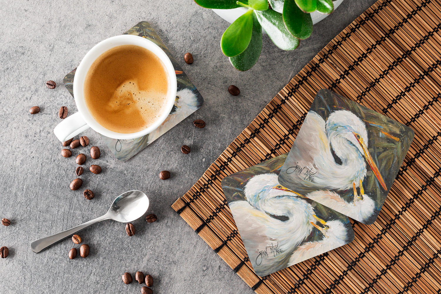White Egret Foam Coasters Set of 4 Cup Coasters for Indoor Outdoor, Tabletop Protection, Anti Slip, Mouse pad Material