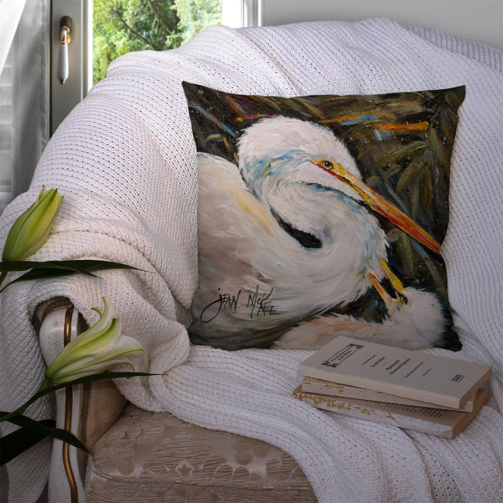 White Egret Decorative Throw Pillow 14x14 Indoor Outdoor Accent Cushion, Fabric Cover with Insert for Sofa, Bed, Porch & Living Room