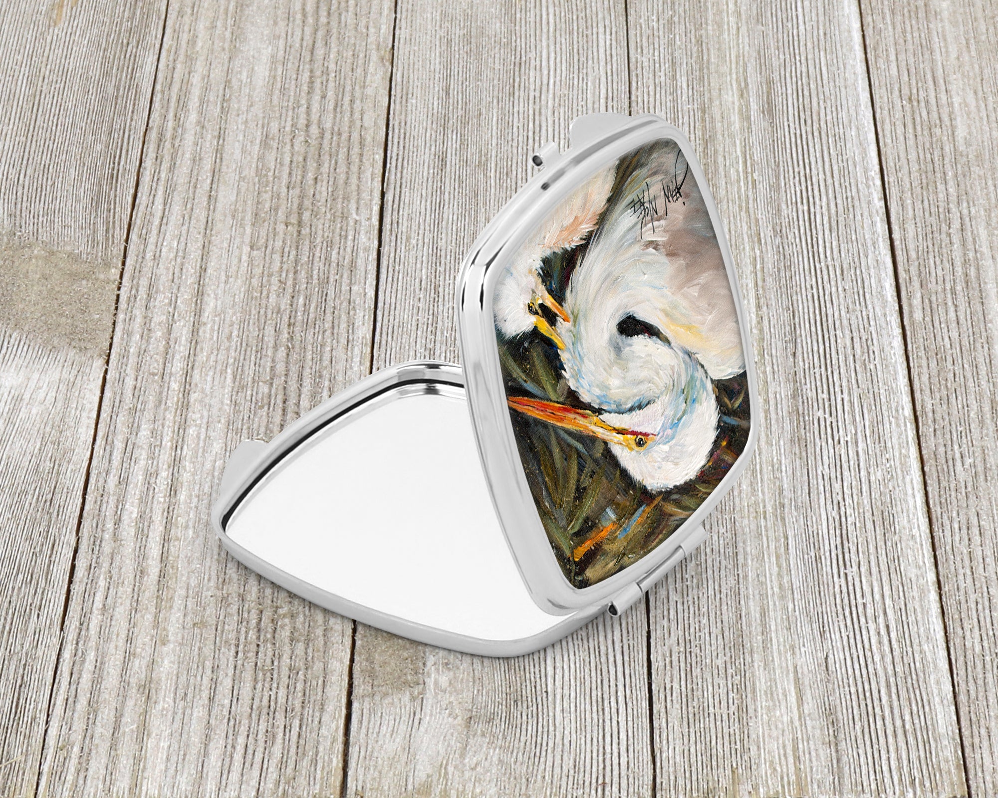 White Egret Compact Mirror Decorative Travel Makeup Mirror for Women Girls Gifts Pocket Makeup Mirror Folding Handheld
