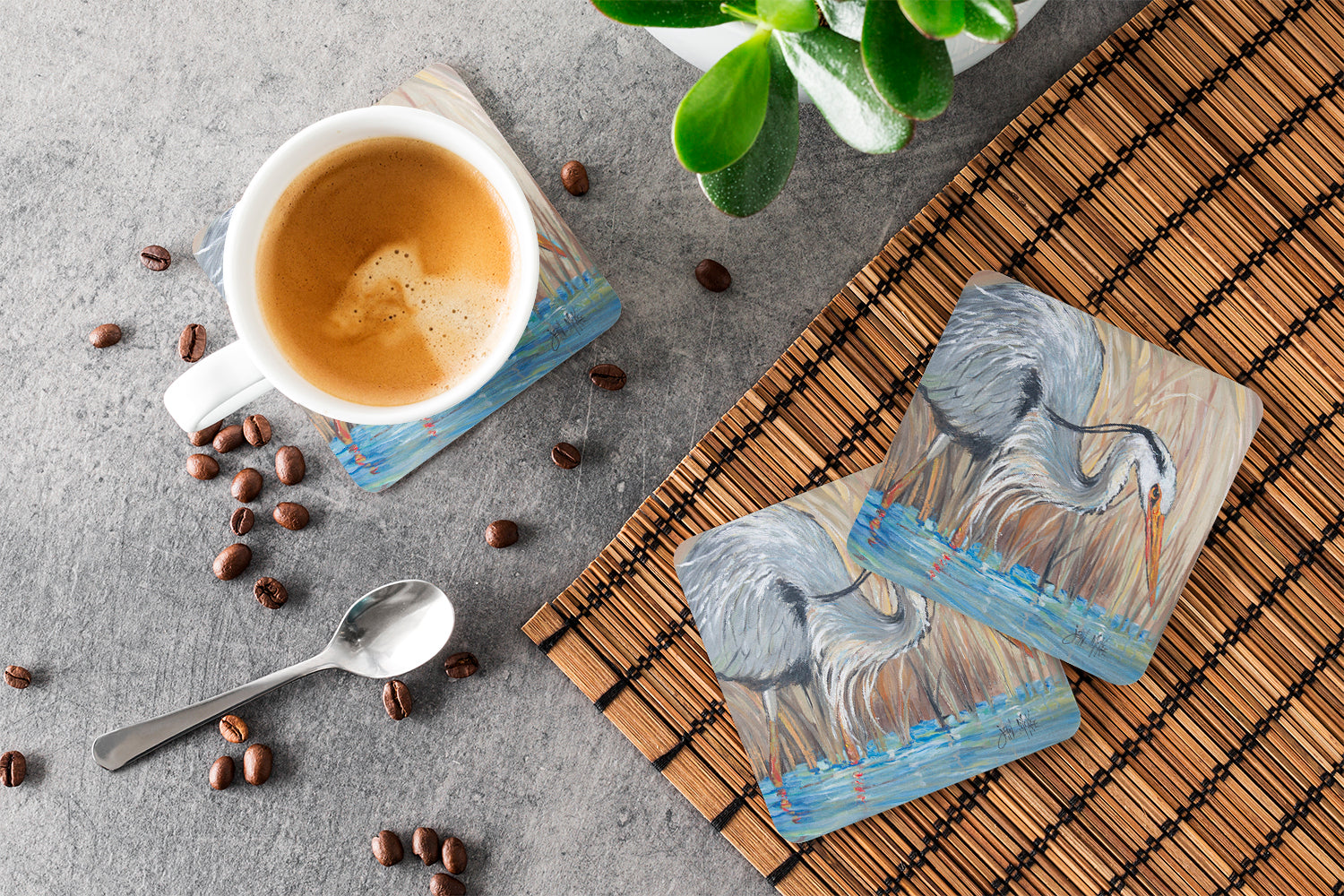 Blue Heron Foam Coasters Set of 4 Cup Coasters for Indoor Outdoor, Tabletop Protection, Anti Slip, Mouse pad Material