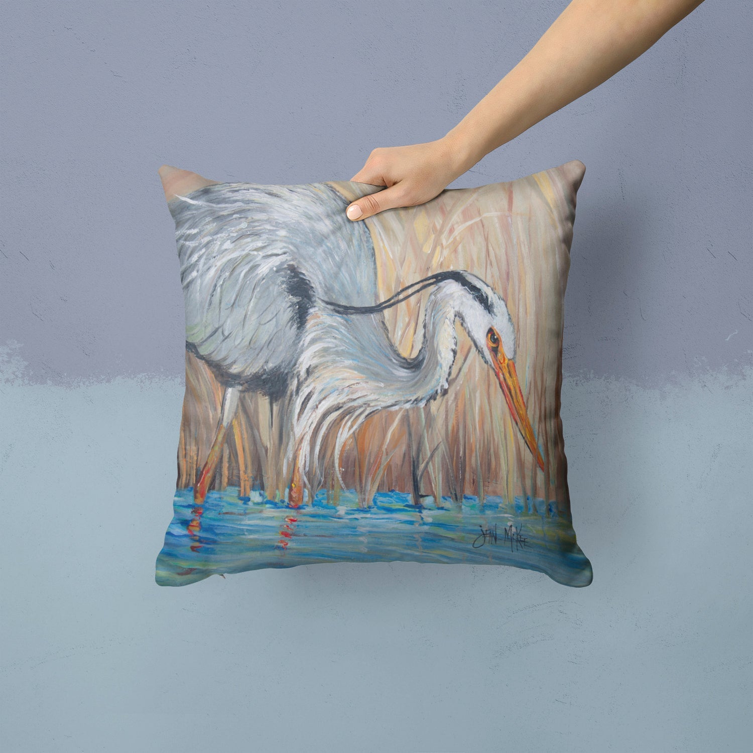 Blue Heron Decorative Throw Pillow 14x14 Indoor Outdoor Accent Cushion, Fabric Cover with Insert for Sofa, Bed, Porch & Living Room