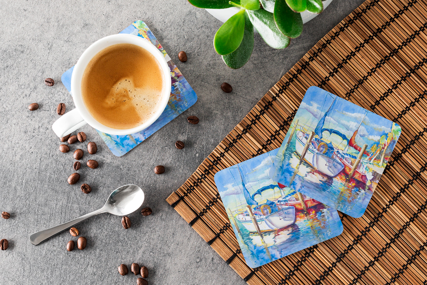 Towering Q Sailboats Foam Coasters Set of 4 Cup Coasters for Indoor Outdoor, Tabletop Protection, Anti Slip, Mouse pad Material