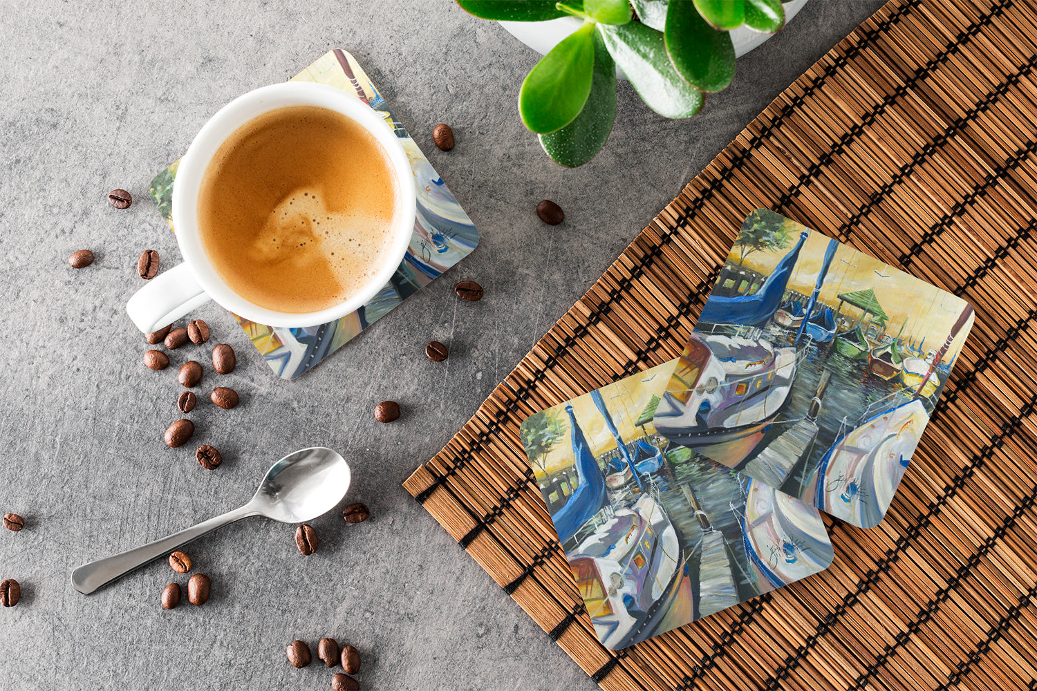 Seven Boats Sailboats Foam Coasters Set of 4 Cup Coasters for Indoor Outdoor, Tabletop Protection, Anti Slip, Mouse pad Material