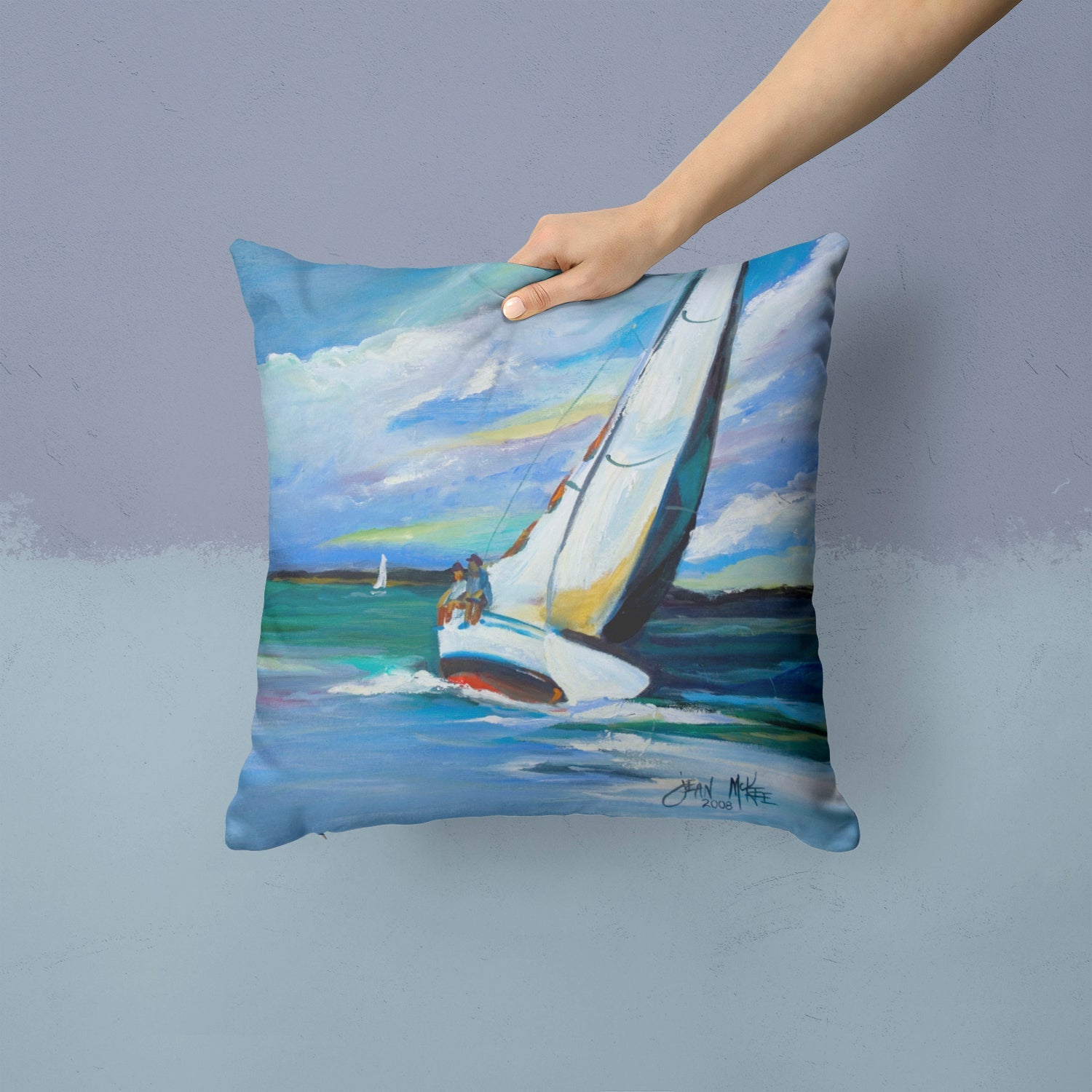 Two and a Sailboat Decorative Throw Pillow 14x14 Indoor Outdoor Accent Cushion, Fabric Cover with Insert for Sofa, Bed, Porch & Living Room