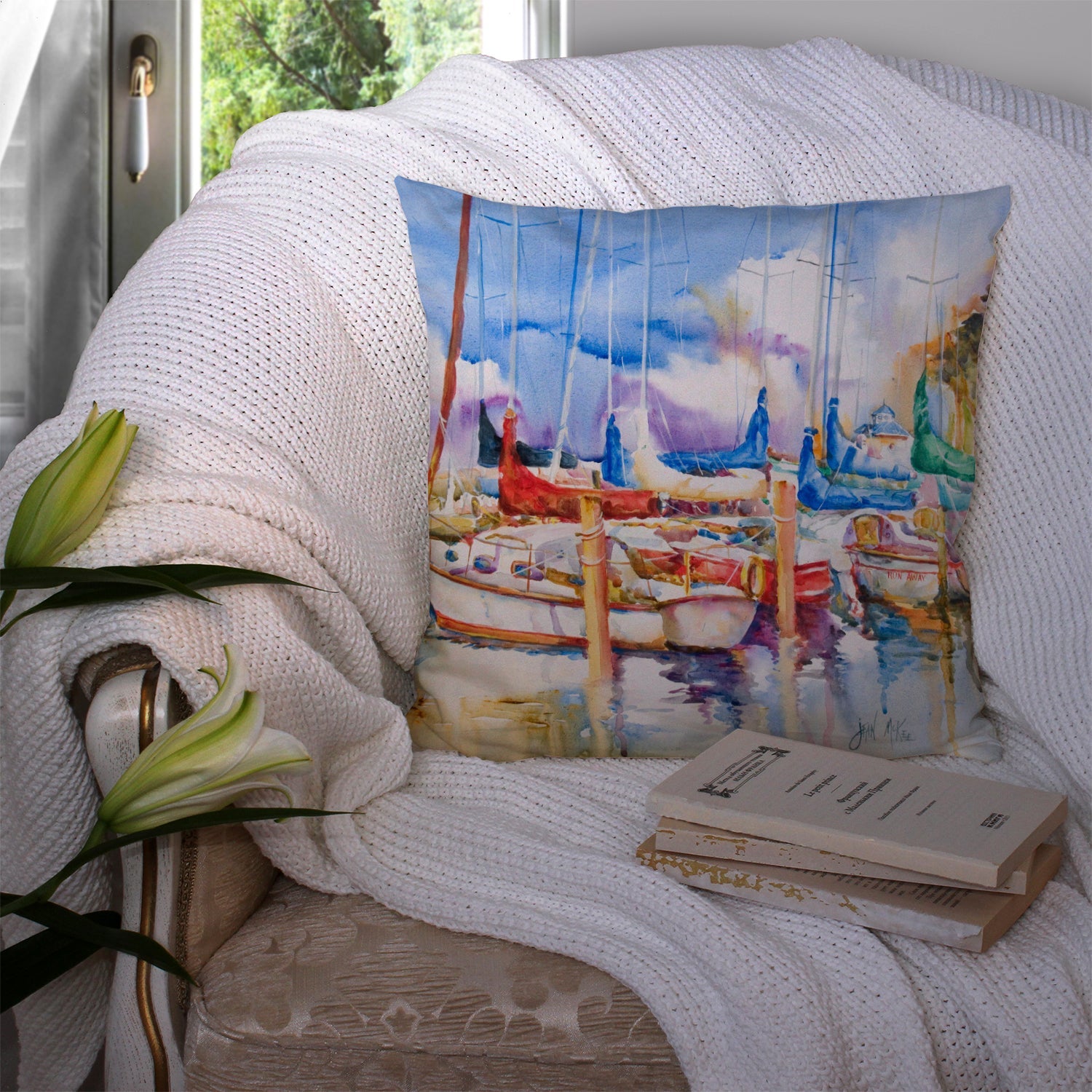 Runaway Sailboats Decorative Throw Pillow 14x14 Indoor Outdoor Accent Cushion, Fabric Cover with Insert for Sofa, Bed, Porch & Living Room