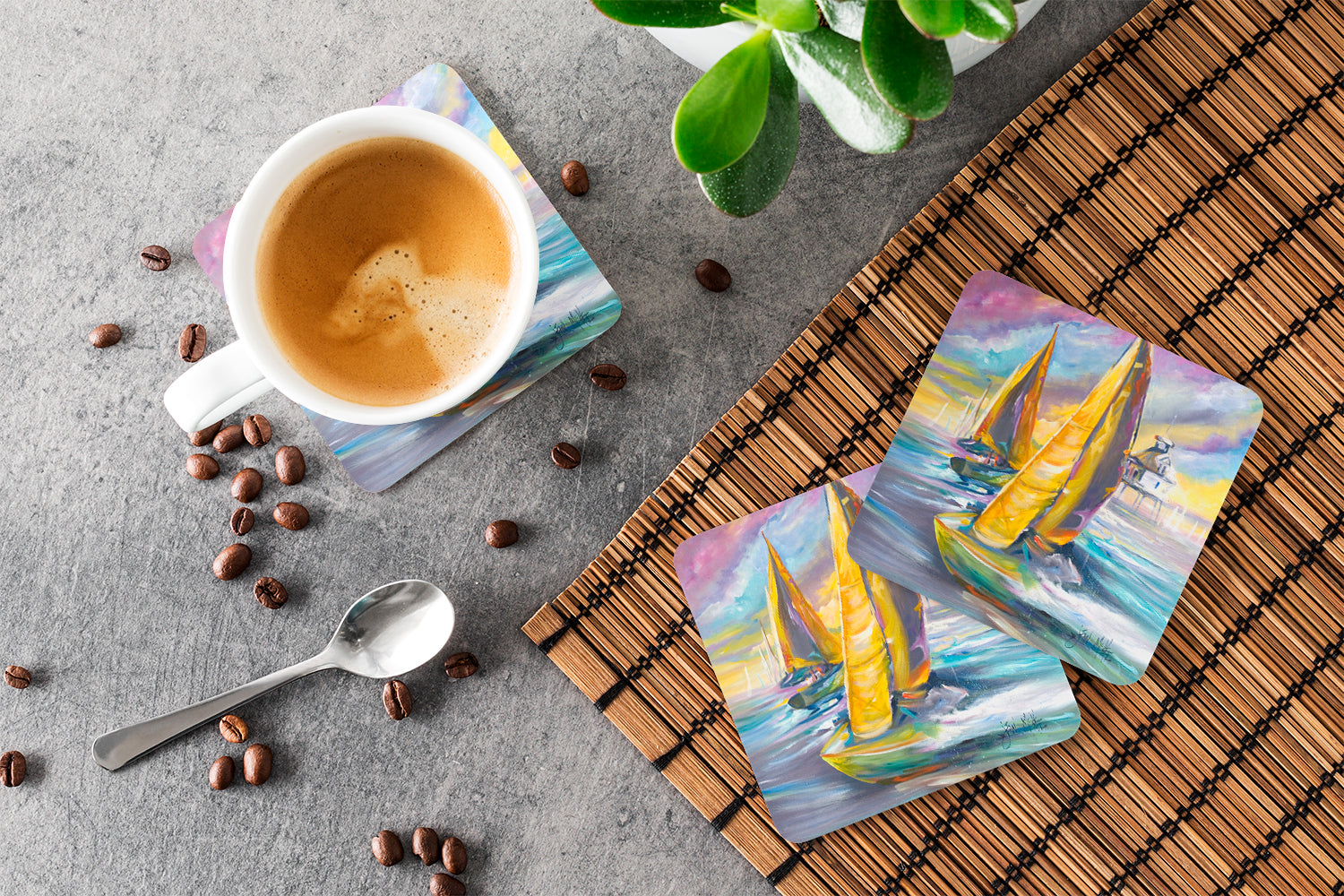 Middle Bay Lighthouse Sailboats Foam Coasters Set of 4 Cup Coasters for Indoor Outdoor, Tabletop Protection, Anti Slip, Mouse pad Material