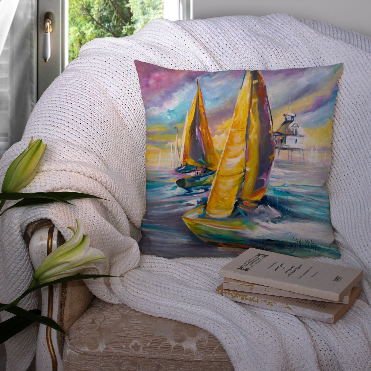 Middle Bay Lighthouse Sailboats Decorative Throw Pillow 14x14 Indoor Outdoor Accent Cushion, Fabric Cover with Insert for Sofa, Bed, Porch & Living Room