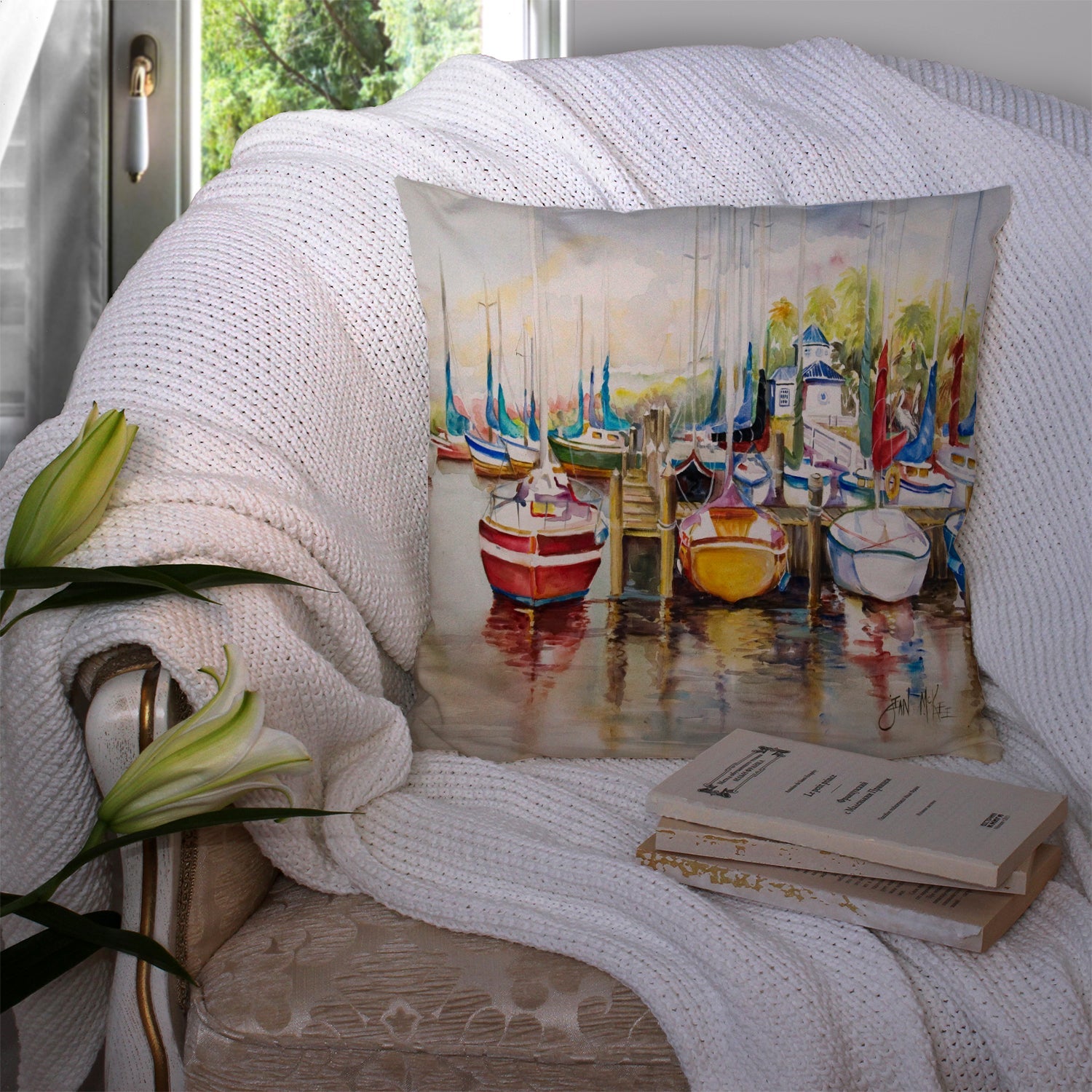 Paradise Sailboats Decorative Throw Pillow 14x14 Indoor Outdoor Accent Cushion, Fabric Cover with Insert for Sofa, Bed, Porch & Living Room