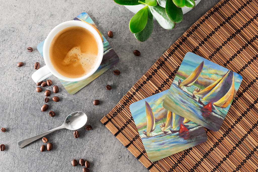 Knost Reggata Sailboats Foam Coasters Set of 4 Cup Coasters for Indoor Outdoor, Tabletop Protection, Anti Slip, Mouse pad Material