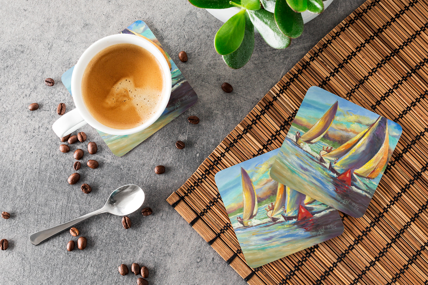 Knost Reggata Sailboats Foam Coasters Set of 4 Cup Coasters for Indoor Outdoor, Tabletop Protection, Anti Slip, Mouse pad Material
