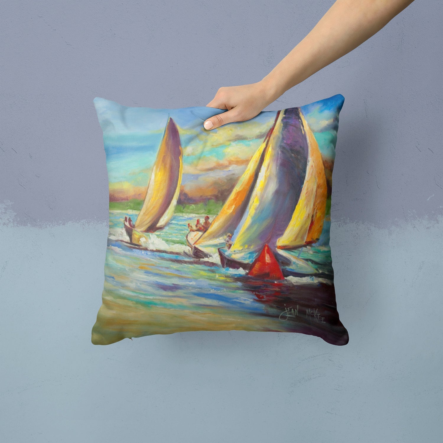 Knost Reggata Sailboats Decorative Throw Pillow 14x14 Indoor Outdoor Accent Cushion, Fabric Cover with Insert for Sofa, Bed, Porch & Living Room