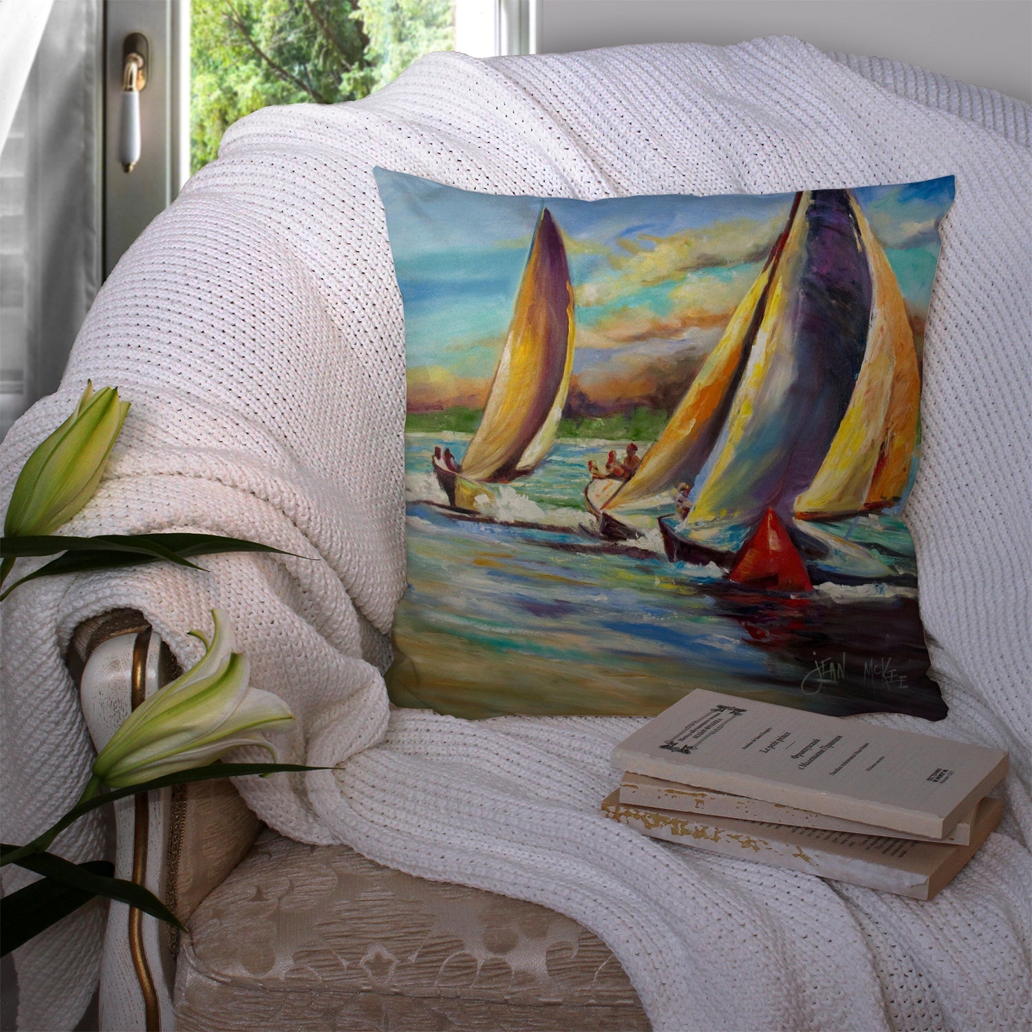 Knost Reggata Sailboats Decorative Throw Pillow 14x14 Indoor Outdoor Accent Cushion, Fabric Cover with Insert for Sofa, Bed, Porch & Living Room