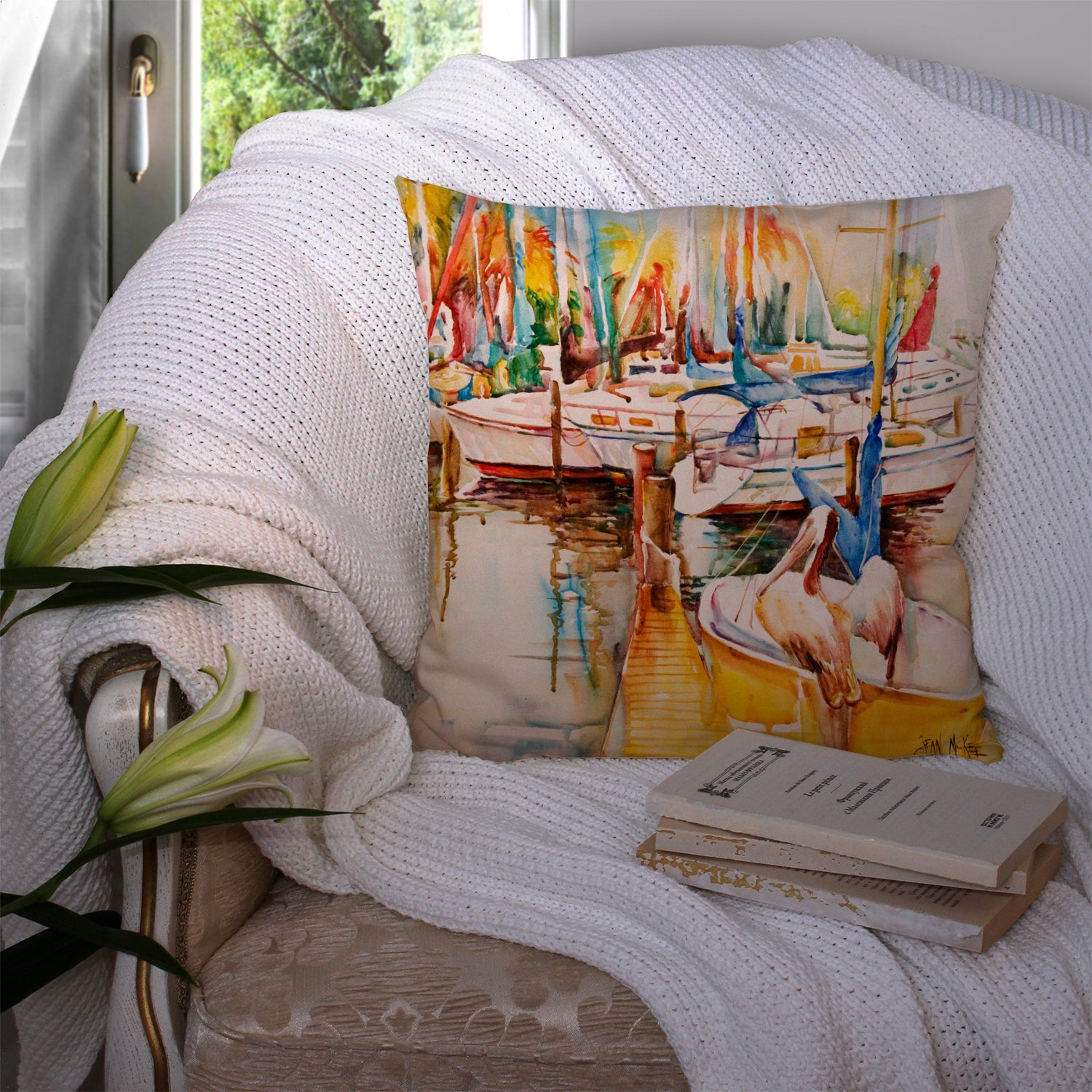 Pelicans and Sailboats Decorative Throw Pillow 14x14 Indoor Outdoor Accent Cushion, Fabric Cover with Insert for Sofa, Bed, Porch & Living Room