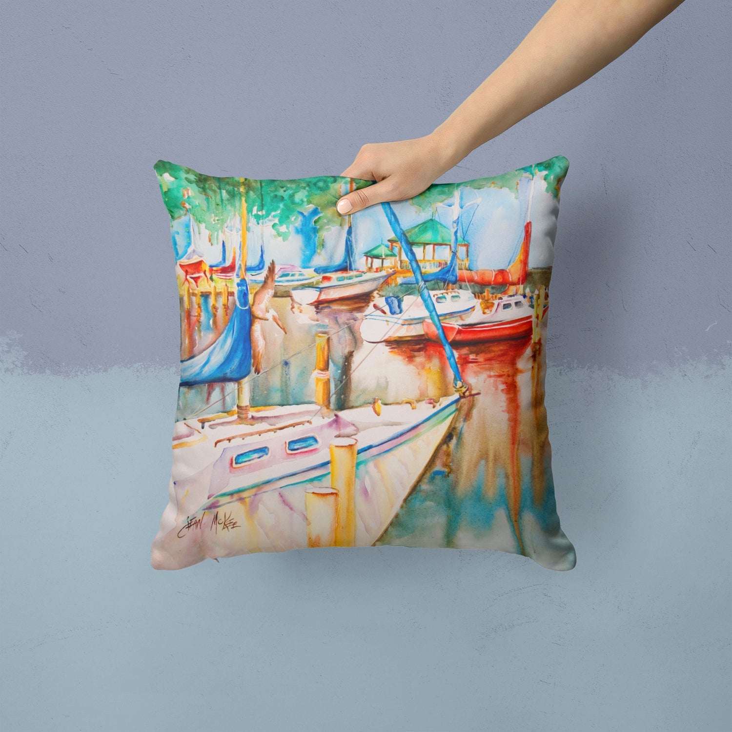 Gazebo and Sailboats Decorative Throw Pillow 14x14 Indoor Outdoor Accent Cushion, Fabric Cover with Insert for Sofa, Bed, Porch & Living Room