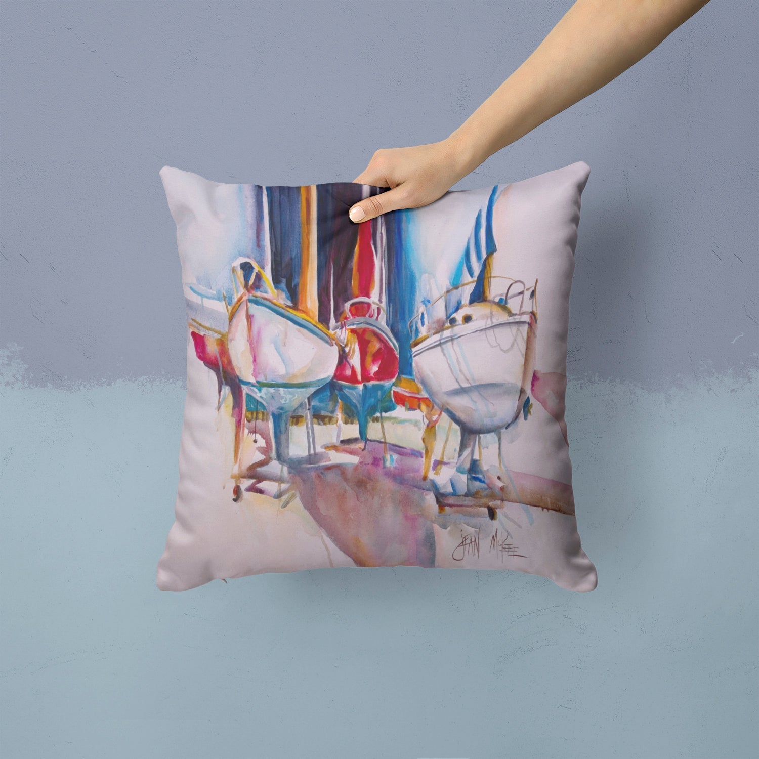 Dry Dock Sailboats Decorative Throw Pillow 14x14 Indoor Outdoor Accent Cushion, Fabric Cover with Insert for Sofa, Bed, Porch & Living Room
