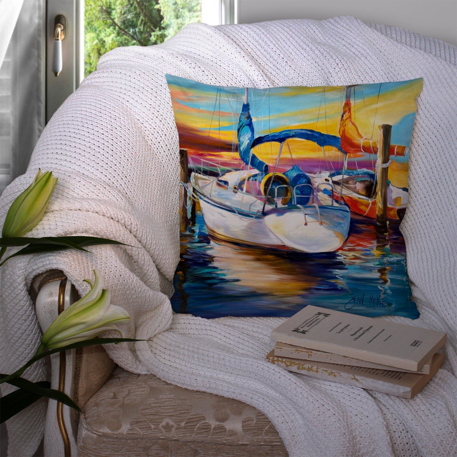 Symmetry again Sailboats Decorative Throw Pillow 14x14 Indoor Outdoor Accent Cushion, Fabric Cover with Insert for Sofa, Bed, Porch & Living Room