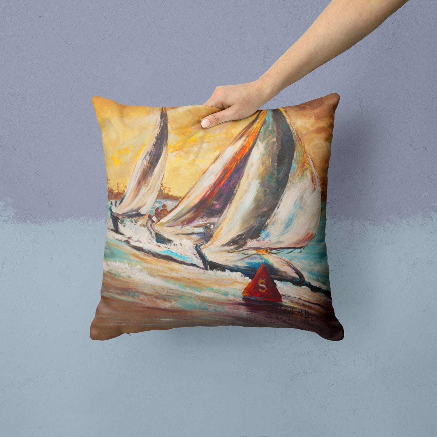 Boat Race Sailboats Decorative Throw Pillow 14x14 Indoor Outdoor Accent Cushion, Fabric Cover with Insert for Sofa, Bed, Porch & Living Room