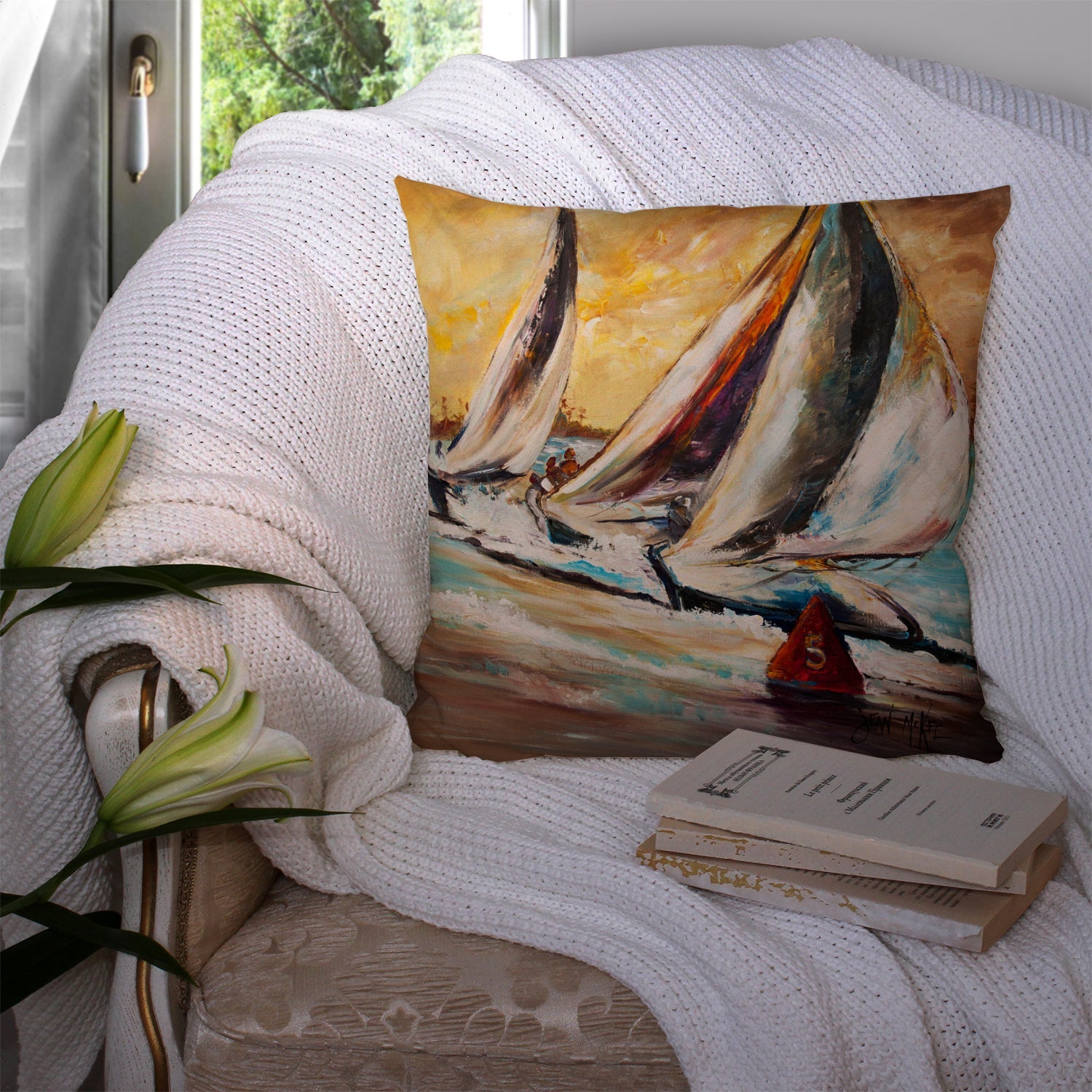 Boat Race Sailboats Decorative Throw Pillow 14x14 Indoor Outdoor Accent Cushion, Fabric Cover with Insert for Sofa, Bed, Porch & Living Room