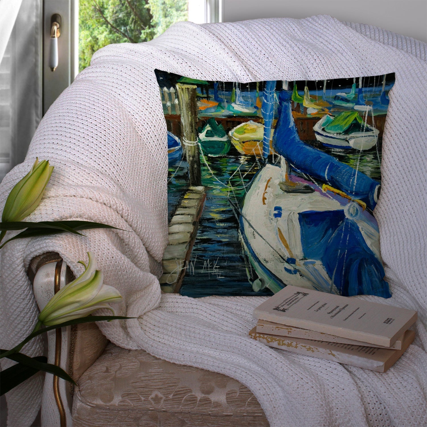 Sailboats Decorative Throw Pillow 14x14 Indoor Outdoor Accent Cushion, Fabric Cover with Insert for Sofa, Bed, Porch & Living Room