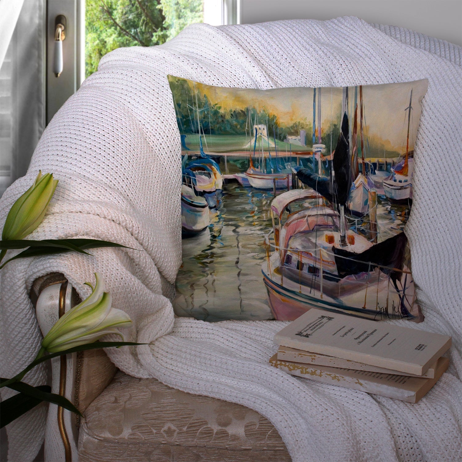Black Sails Sailboats Decorative Throw Pillow 14x14 Indoor Outdoor Accent Cushion, Fabric Cover with Insert for Sofa, Bed, Porch & Living Room