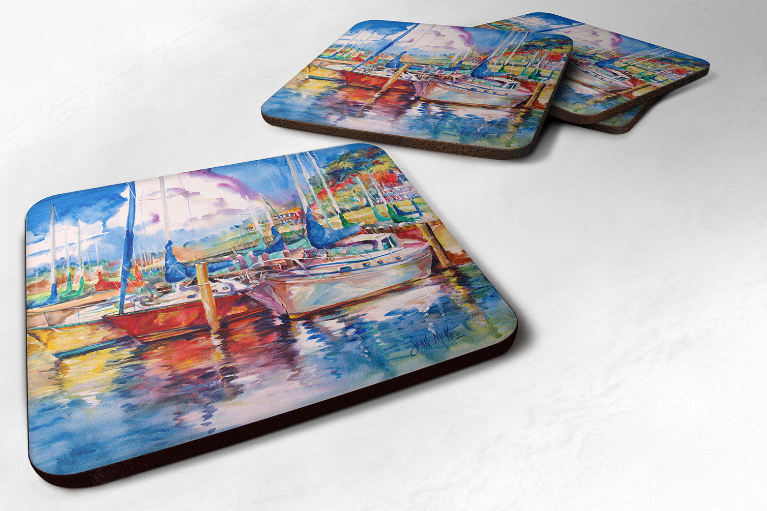 Tree Boats Sailboats Foam Coasters Set of 4 Cup Coasters for Indoor Outdoor, Tabletop Protection, Anti Slip, Mouse pad Material