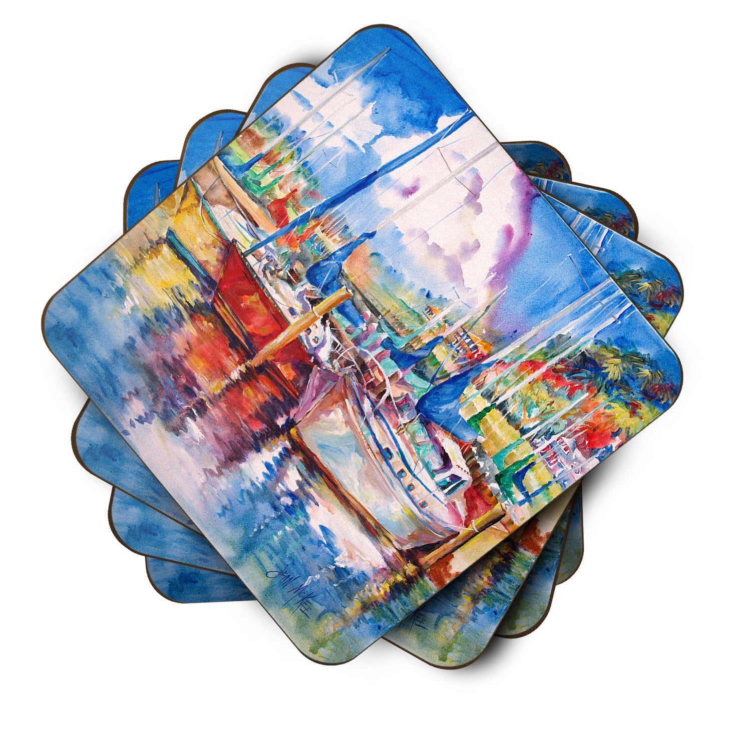 Tree Boats Sailboats Foam Coasters Set of 4 Cup Coasters for Indoor Outdoor, Tabletop Protection, Anti Slip, Mouse pad Material