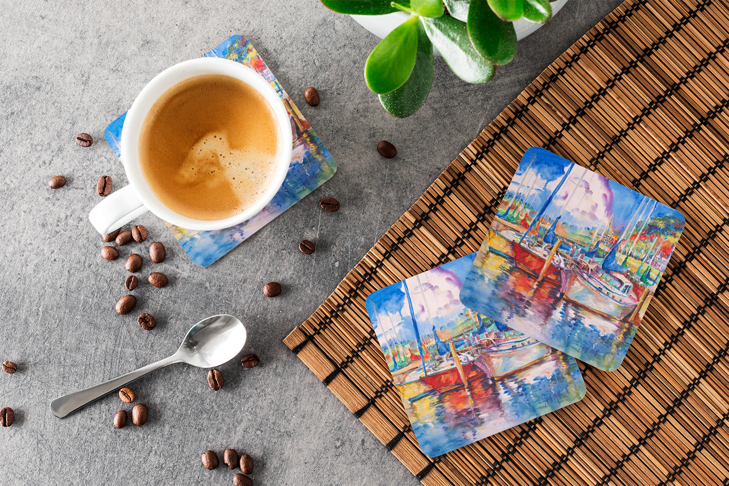 Tree Boats Sailboats Foam Coasters Set of 4 Cup Coasters for Indoor Outdoor, Tabletop Protection, Anti Slip, Mouse pad Material