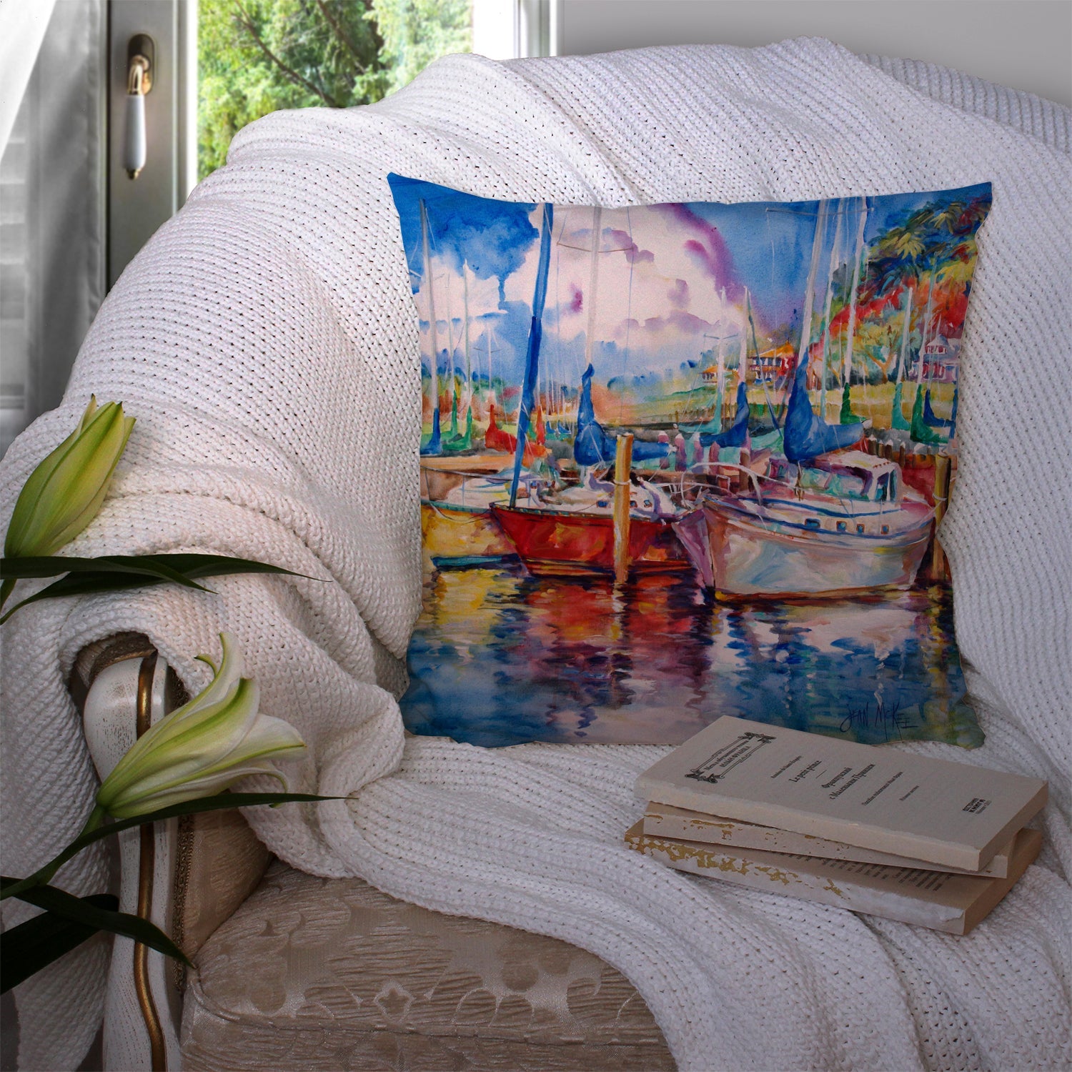 Tree Boats Sailboats Decorative Throw Pillow 14x14 Indoor Outdoor Accent Cushion, Fabric Cover with Insert for Sofa, Bed, Porch & Living Room