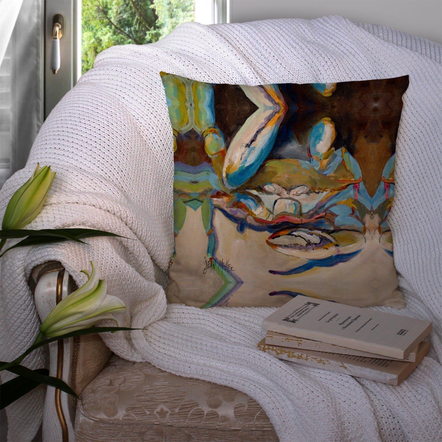 Three Big Claw Crab Decorative Throw Pillow 14x14 Indoor Outdoor Accent Cushion, Fabric Cover with Insert for Sofa, Bed, Porch & Living Room